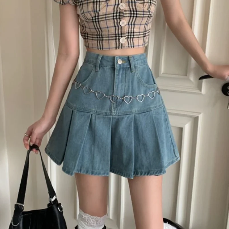 

FAKUNTN Casual Denim Mini Skirt Women Summer 2021 High-Waiste Harajuku Y2k Pleated Skirt Blue Japanese Korean Style Fashion