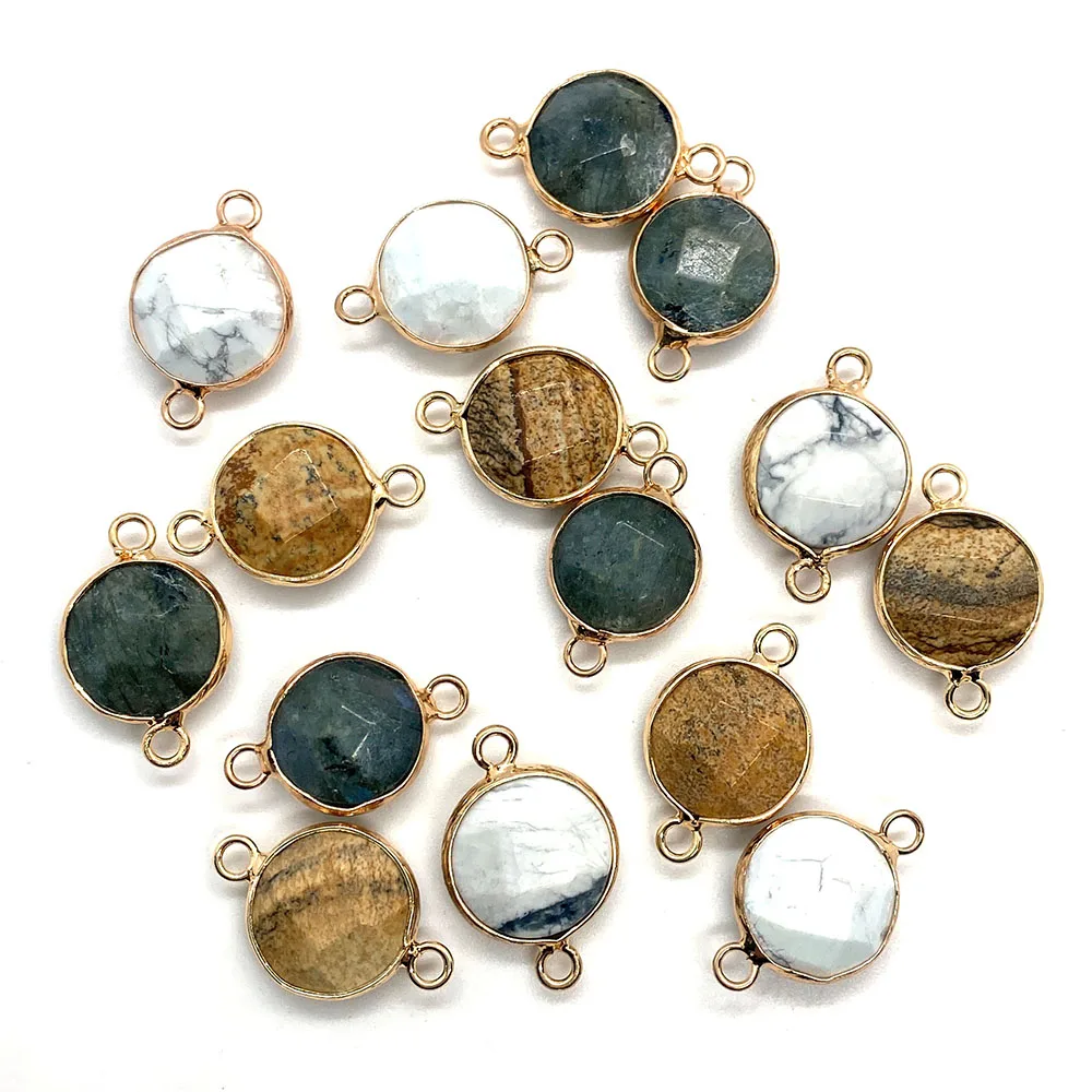 

2 Pieces of Round Flat Natural Stone Handmade Two-hole Connector Pendant for DIY Necklace Bracelet Jewelry Gift Accessory