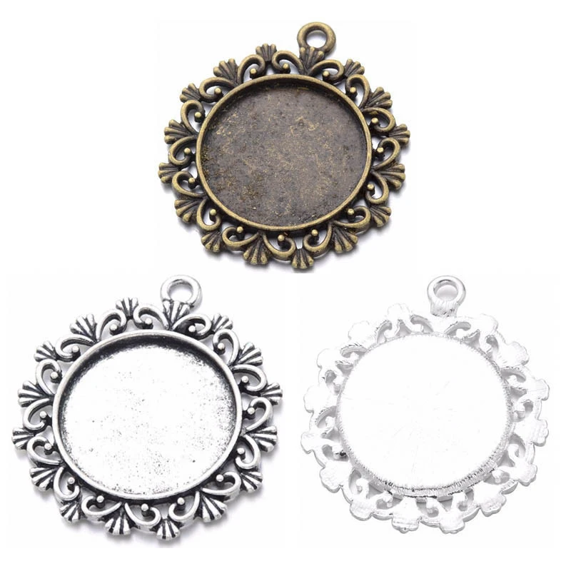 

10pcs 25mm Cameo Cabochons Base Pendant Setting Flower Lace Bezel Trays Fit Glass DIY Jewelry Necklace Making Components