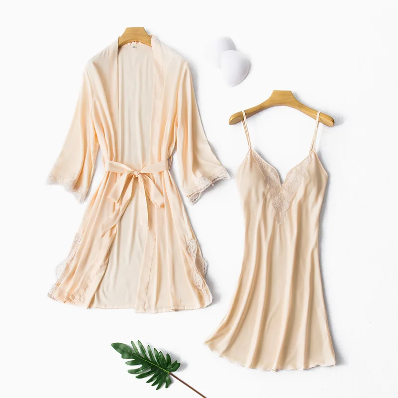 

Wedding Set Sleepwear Nightgown Silky Loose Patchwork Lace Women Black Sexy Spring Summer Knee-Length Three Quarter Home Dress