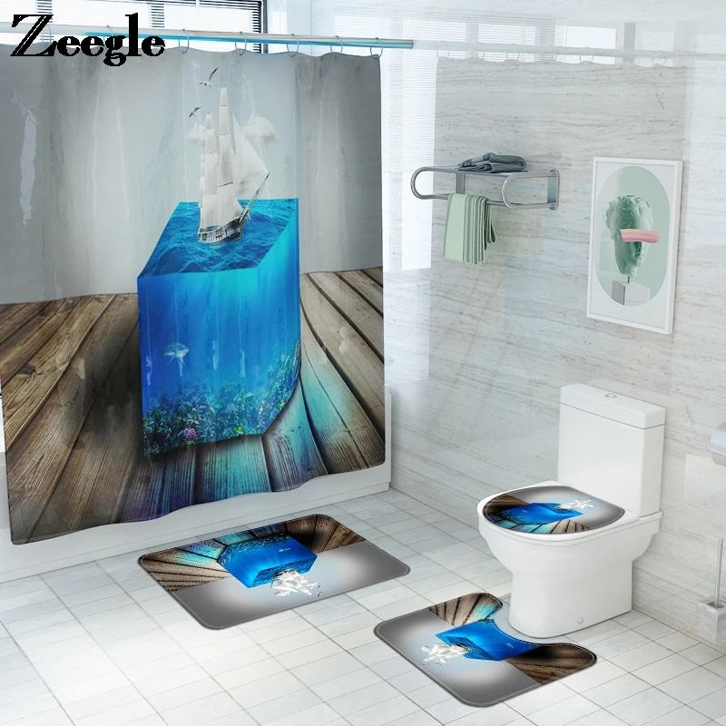 

Printing Bath Mat and Shower Curtain Set Absorbent Toilet Rugs Bathroom Carpet Mats Waterproof Shower Curtain Non-slip Foot Mat