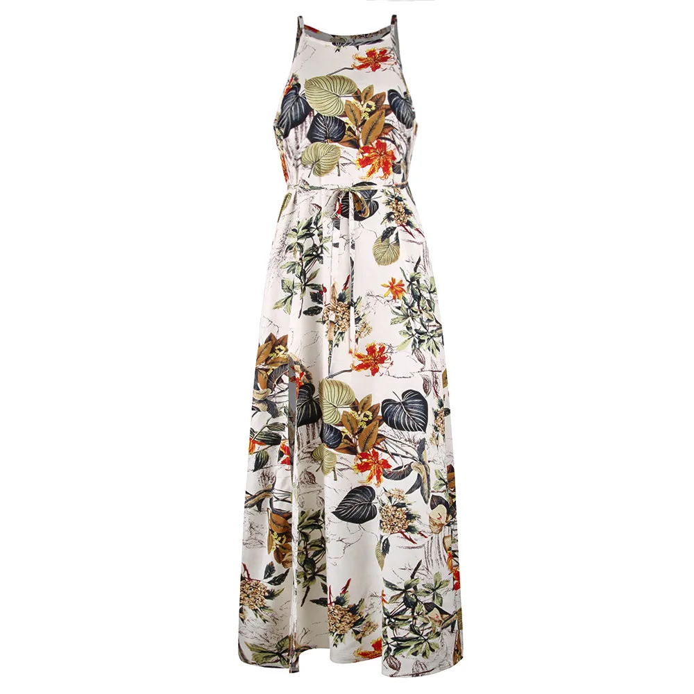

Women Summer Dress 2021 Boho Casual Beach Floral Flower Long Sleeveless Loose Female Holiday Sexy Halter Leaves Midi Dress #40