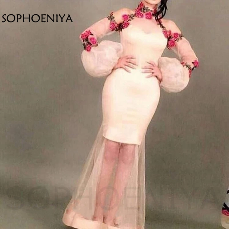 Женское вечернее платье с юбкой годе разноцветное кружевное длинным рукавом и