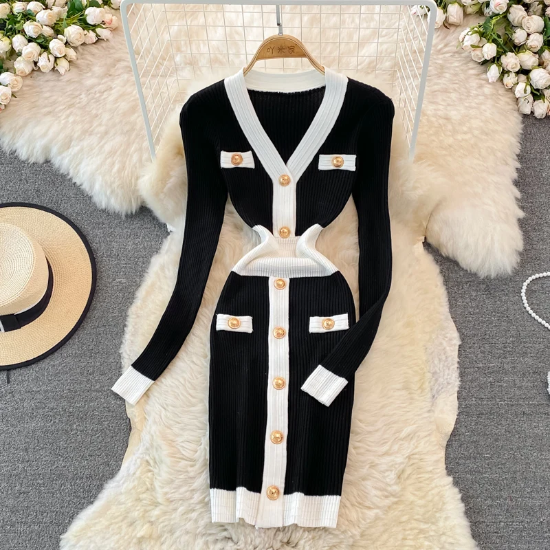 

Runway Fall Spring Women's French V Neck Knitted Sweater Pleated Stripes Luxury Elegant Tight-Fitting Elasticity Dress Vestido