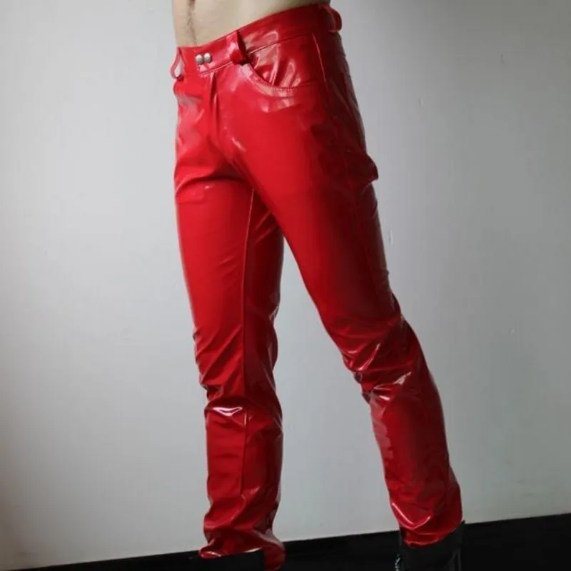 

Fashion Men Faux Patent Skinny Pencil Low Waist Punk Style Red Male Trousers Plus Size Motorcycle Pu Leather Pants