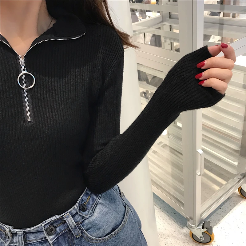 2022 Knitted Women Zipper High Neck Sweater Pullovers Turtleneck Autumn Winter Basic Sweaters Slim Fit Black Pull Femme | Женская одежда
