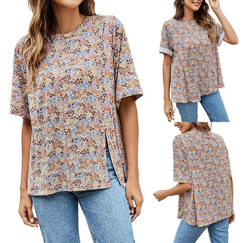 

Vintage Suumer T-shirt Women Half Sleeve Crew Neck Floral T-Shirt Casual Fashion Loose Slit Tops Loose Tops Women 2021