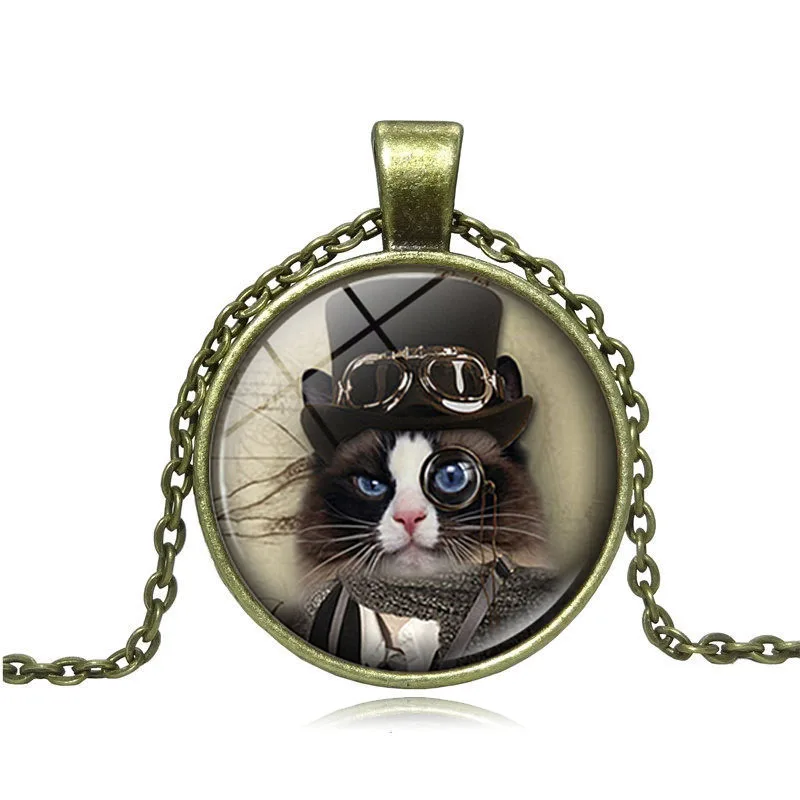 

Hot Selling Vintage Cat Pendant Little Kitten Steampunk Cat Necklaces DIY Handmade Jewelry Long Chain Necklace for Women