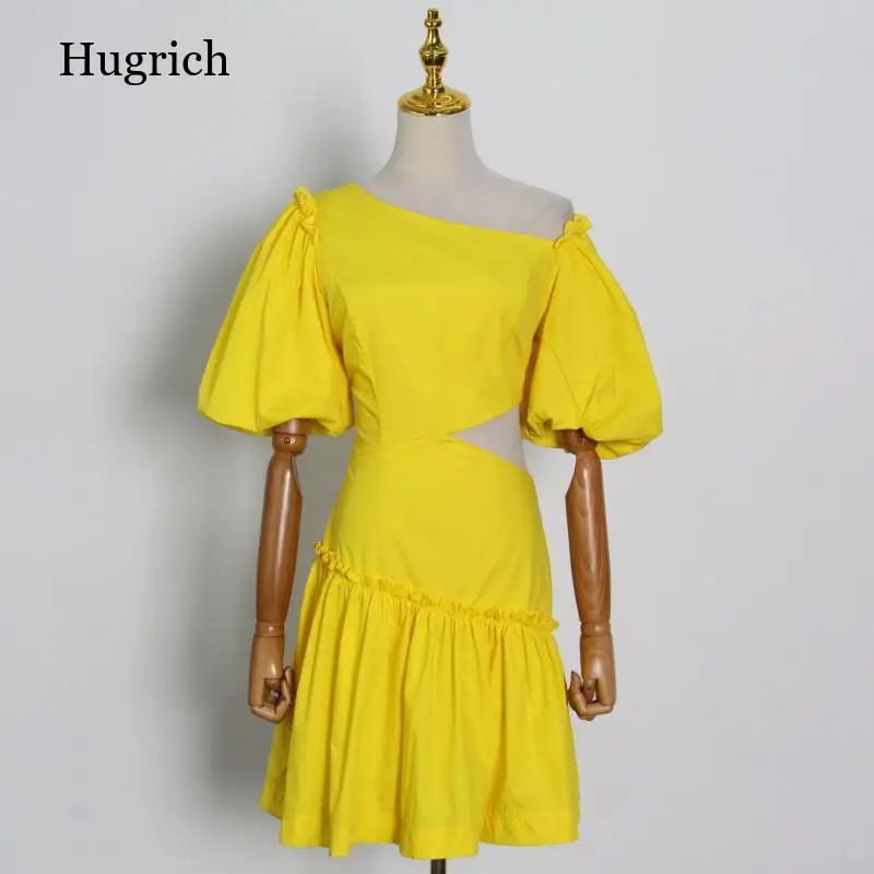 

Hollow Out Sexy Dress For Women Skew Collar Puff Sleeve High Waist Mini Summer Dresses Female Fashion New Clothes