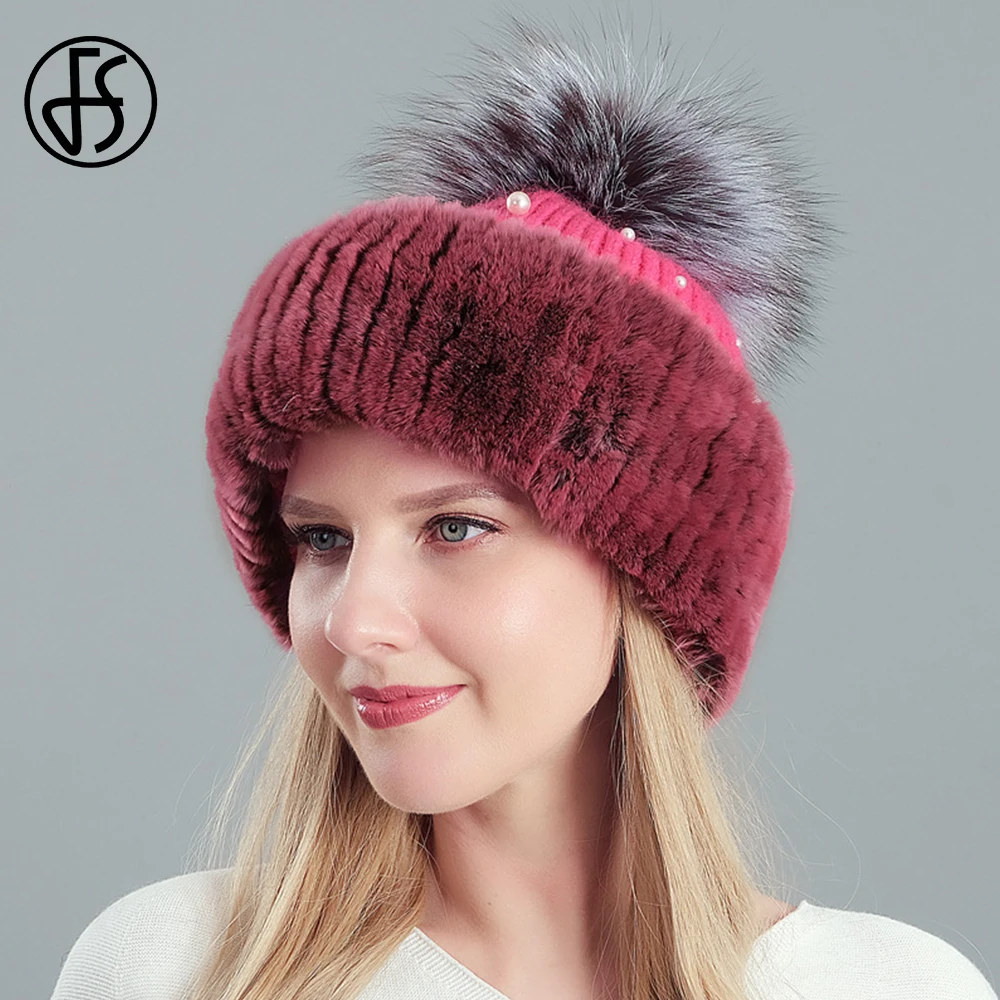 

FS Natural Rex Rabbit Fur Hat Winter Bonnets Hats For Women Genuine Raccoon Pompom Caps Lady Warm Knitted Skullies Beanies