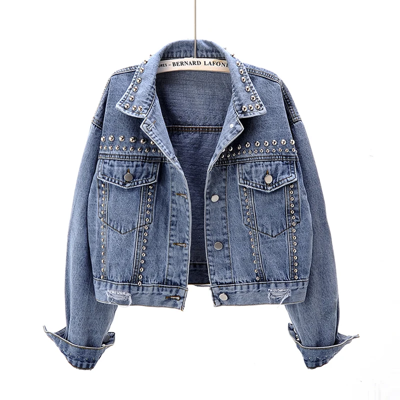 Весенняя Потертая джинсовая куртка с заклепками для женщин Chaqueta Mujer корейская