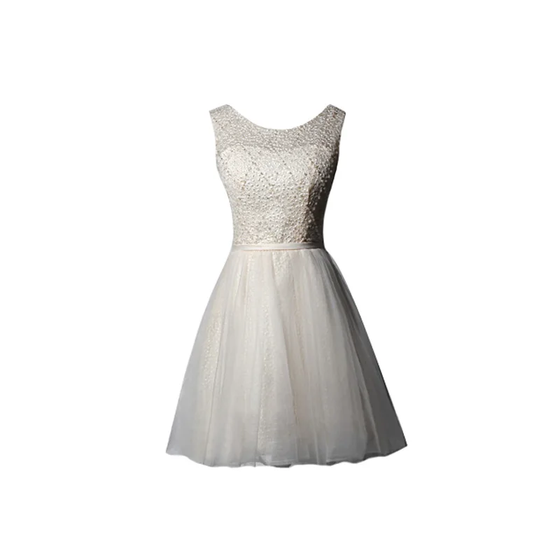 

New Evening Dress Short Champagne A-Line Bud Silk Gauze Fabric Handmade Pearl Fashion Elegant Girl Party Dress Prom Evening Gown