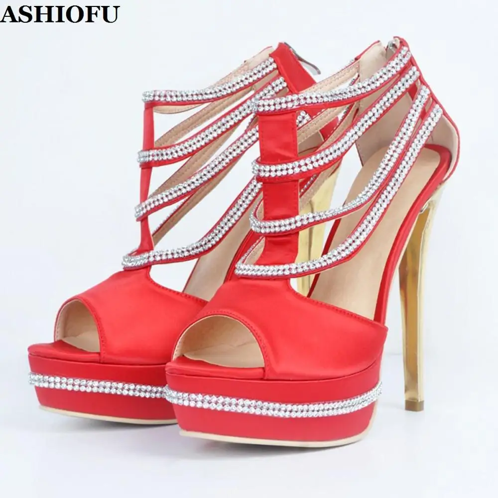 

ASHIOFU Handmade Ladies High Heel Sandals Crystals Peep-toe Sexy Party Prom Dress Shoes Platform Evening Club Fashion Sandals