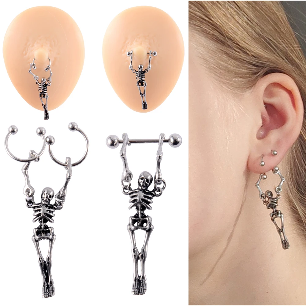 1 шт. 16 г хип-хоп Череп ушной хрящ кольцо из нержавеющей стали подвесная штанга для сосков прямая штанга Петля Серьги для пирсинга