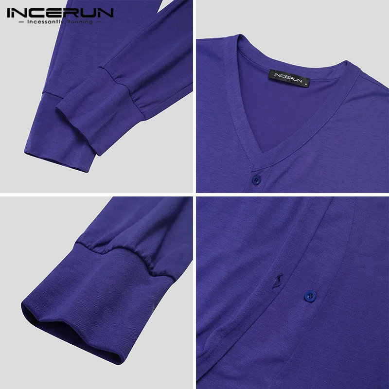 

Men Pajamas Jumpsuit Long Sleeve V Neck Button Mens Rompers Sleepwear Comfy Solid Color Leisure Nightwear Homewear INCERUN S-5XL