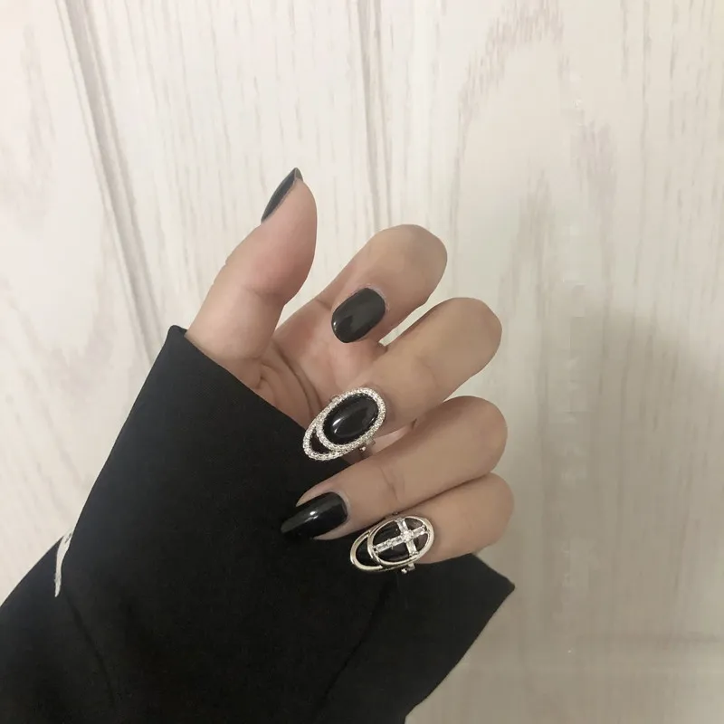 

2020 New Kpop Trendy Shiny Rhinestone Inlaid Cross Hollow Geometric Fingertip Nail Ring For Women Egirl Aesthetic Accessories