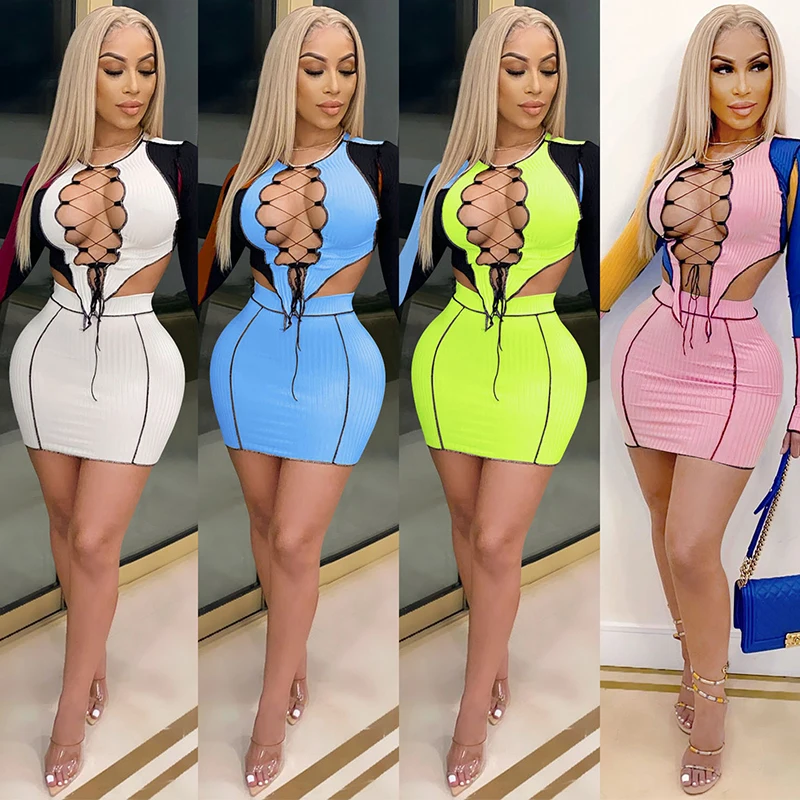 Модная трикотажная одежда в стиле пэчворк из 2 частей комплект женские пикантные