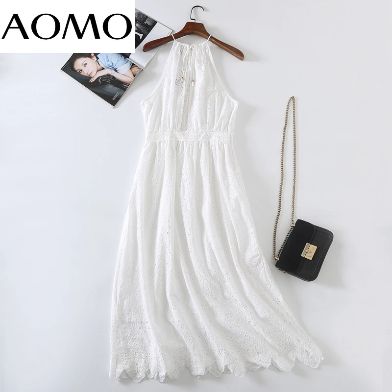 

AOMO Women Embroidery Romantic White Tassel Cotton Halter Dress Sleeveless Females Summer Dresses Vestidos 6H50A
