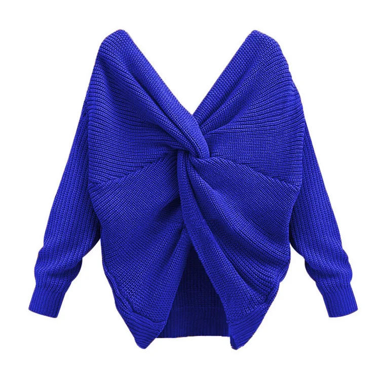 

Newest Colourful V-Neck Twisted Back Sweater For Women Ladies Autumn Jumpers Pullovers Long Sleeve Knitted Sweaters