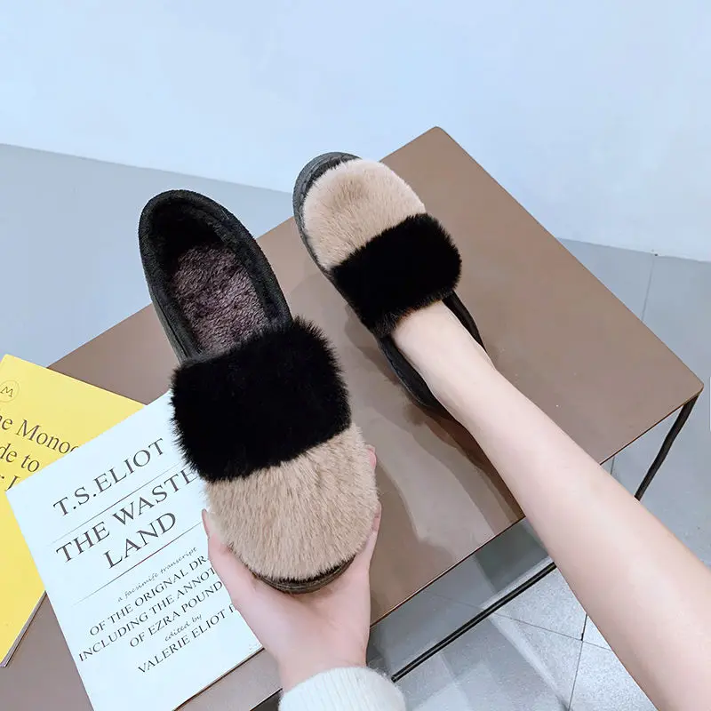 

Туфли женские пушистые на плоской подошве, Нескользящие, х/б