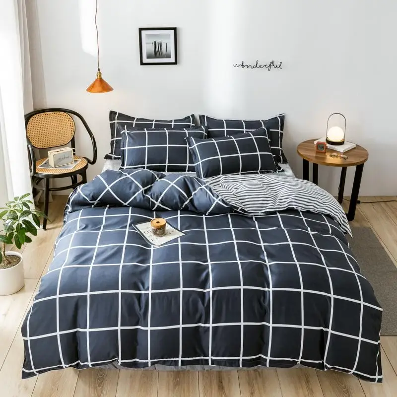 

15 натуральный хлопок Nordic с реактивной печатью в клетку и полоску одеяло наборы постельного белья 3/4 шт. Пижама для детей и взрослых, комплект...