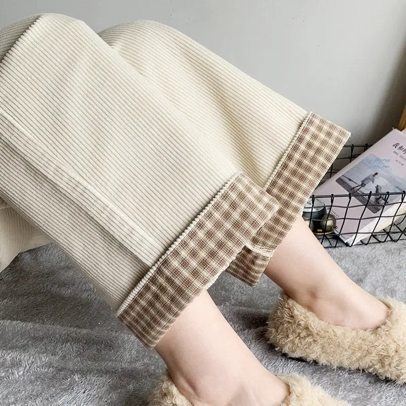 

Casual Pants Women Corduroy Solid All-match Wide Leg Leisure Winter Plus Velvet Students Korean Style Fashion Retro High Waist