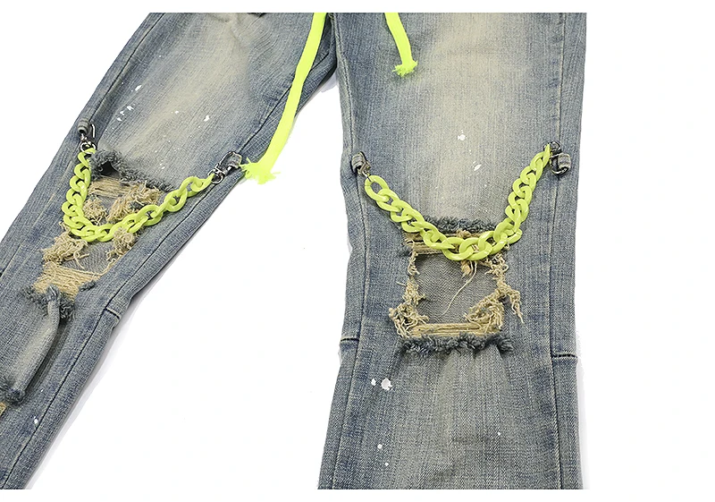 High Street Knee Hole with Chain Ripped Biker Jeans Mens Slim Fit Denim Pants Autumn New Streetwear Casual Hip Hop Pants Joggers