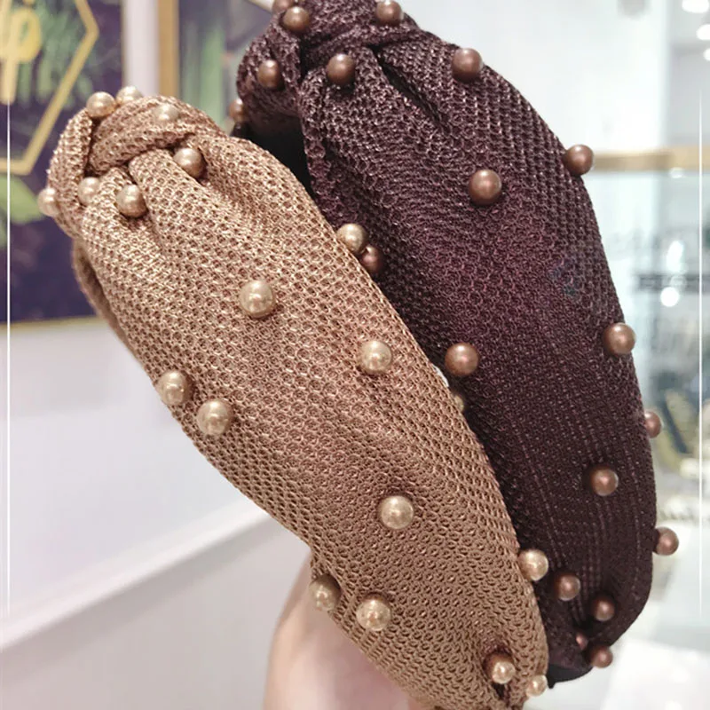 Корейские сетчатые клетчатые тканевые ленты для волос с бусинами ободок ручной