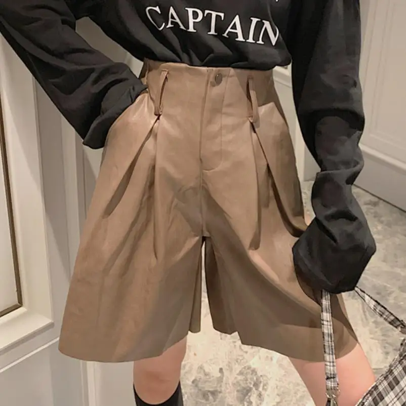 Кожаные Брюки с широкими штанинами женские новые свободные прямые брюки высокой