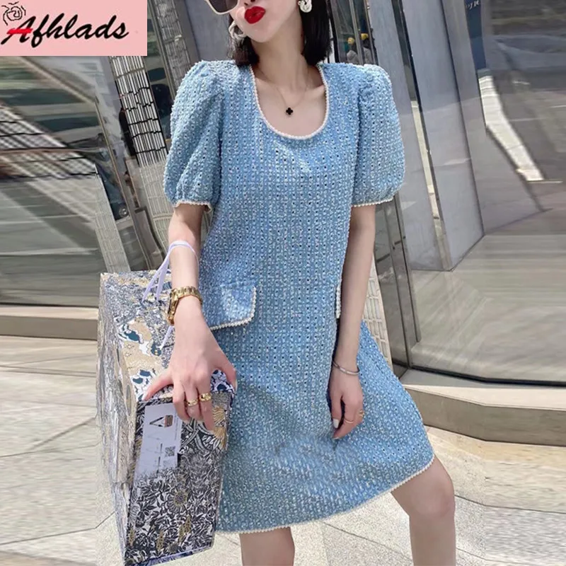 

Diamond Puff Short Sleeve Pearl Dress Women 20201 Summer New Fashion Round Neck Luxury High Quality Party Mini Vestidos