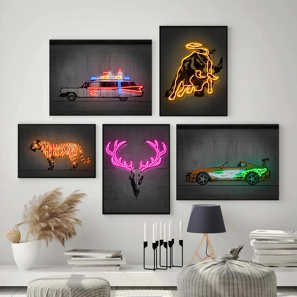 Colourful Cools Car Neon Canvas Art Paintings Pop Poster and Prints Wall Picture for Living Room Home Decoration |
