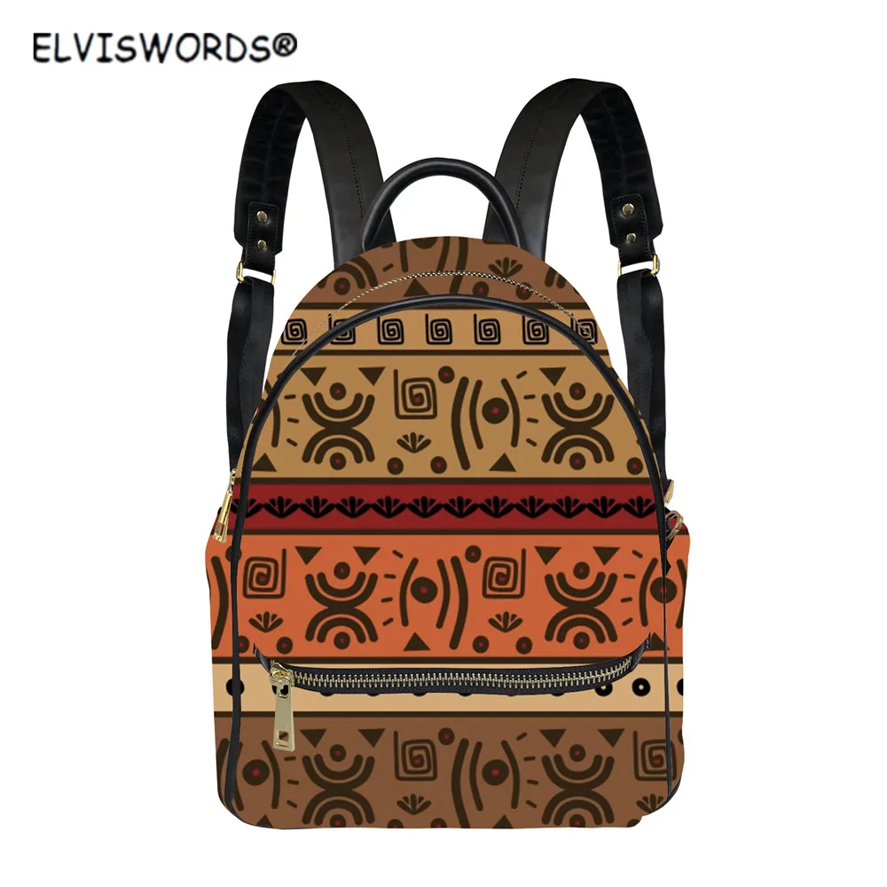 

ELVISWORDS Vintage African Stripes Pattern Women Fashion Travel Backpack High Quality PU Shoulder Bag Teen Girls Street Bags