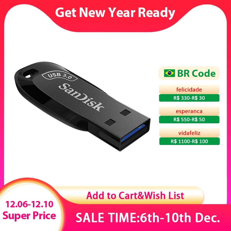 

Флеш-накопитель SanDisk, USB 3,0, 128/64/32 ГБ, черный