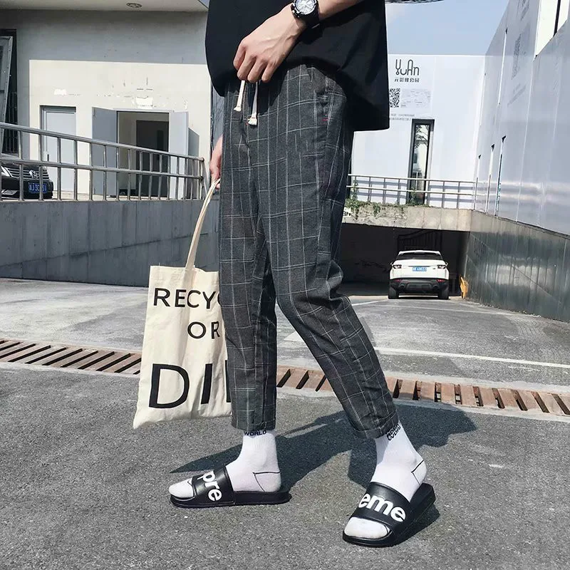 

Summer Plaid Pants Men Casual Pants Students Pants Loose Version of Straight-Cut Casual Pants