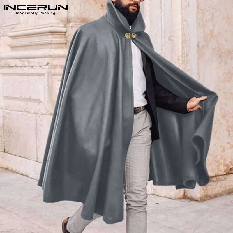 

INCERUN 2021 Мужская накидка, пальто с отворотом, уличная одежда, пончо на одной пуговице, Мужская смеска искусственной шерсти, однотонный Модный ...