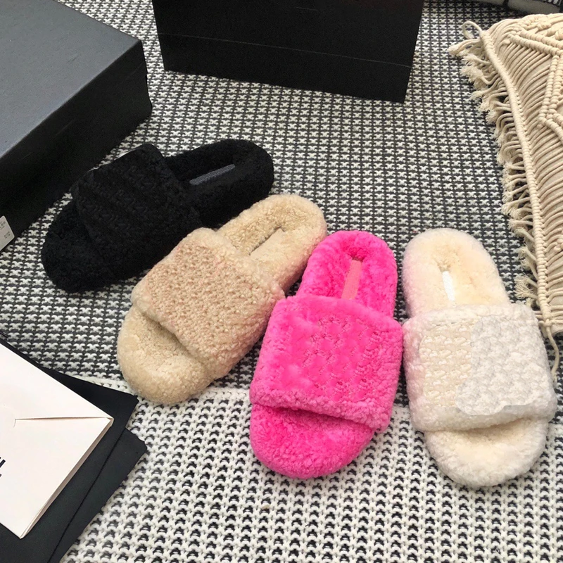

Furry Fur Slides Luxury Brand Designer 2021 Plush Slippers Fluffy Flip Flops Faux Fur Slippers Flats Women's Fashion Shoes