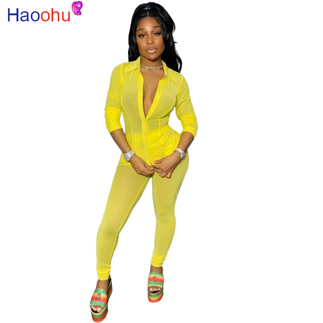 

HAOOHU Sexy Party Mesh See Though Women Set Two Piece Set Tracksuit Blouse Jogger Sweatpants Suit Fitness Outfit Matching Set