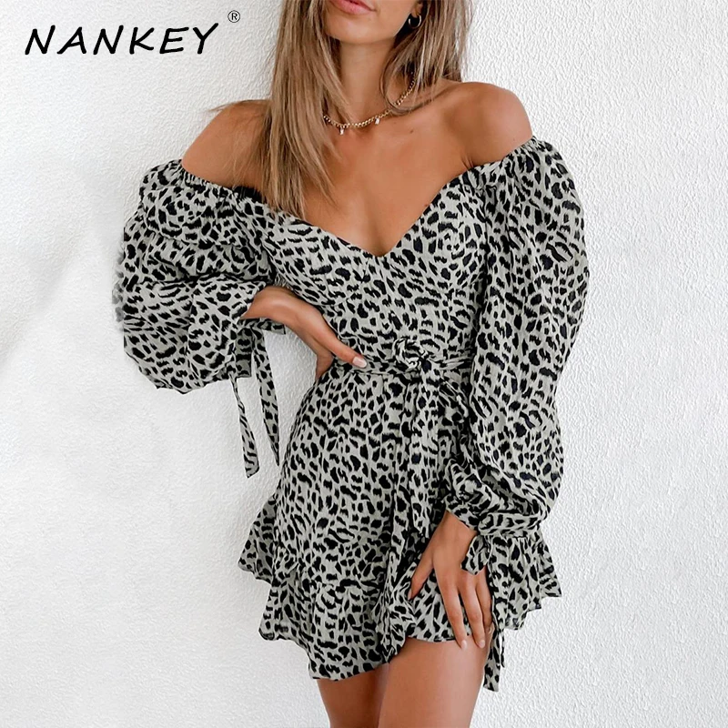 

NANKEY Women Dress 2021 Spring Autumn Off Shoulder Beach Loose Short Dress Long Sleeve Casual Temperament Printing Dresses