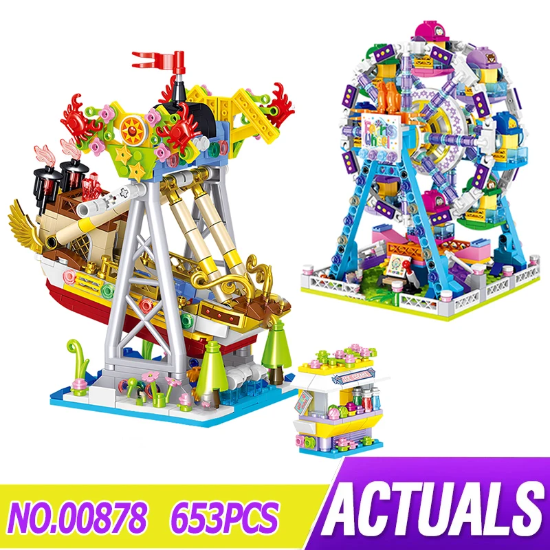 

LIN07 00878 Amusement Park Series Ferris Wheel Pirate Ship Assembled Modular Building Blocks Bricks Children's Toy Birthday Gift