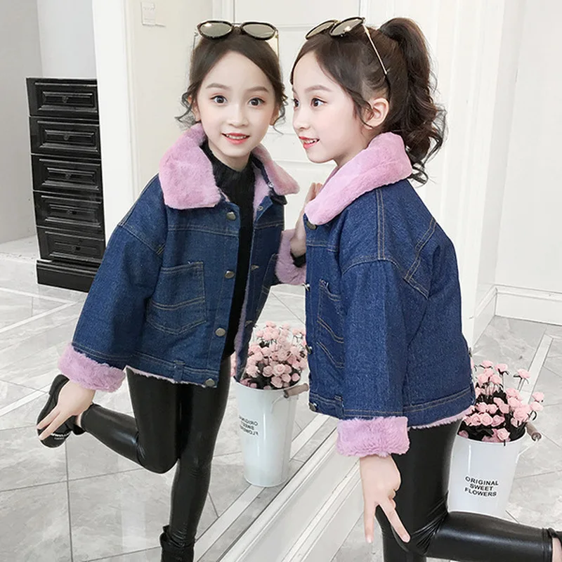 Детские джинсы для девочек зимняя детская теплая ветровка с отложным воротником