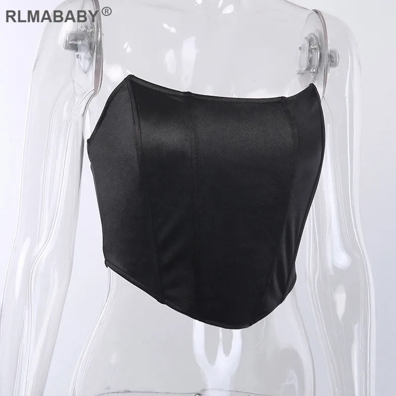 RLMABABY, атласный корсет без бретелек, сексуальный женский розовый укороченный топ, тонкий женский черный короткий топ с открытыми плечами, вечерние топы для ночного клуба, красный топ на бретелях
