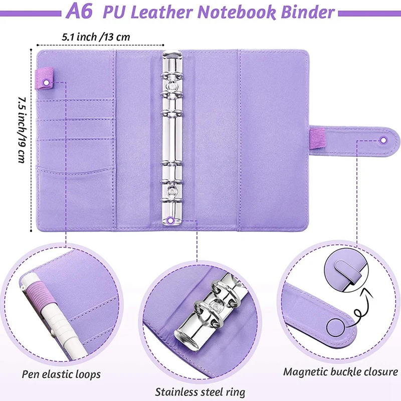 

A6 PU Leather Notebook Binder Budget Planning Notepad 6 Ring Binder Covers, 8 Binder Pockets,for Bill Planning