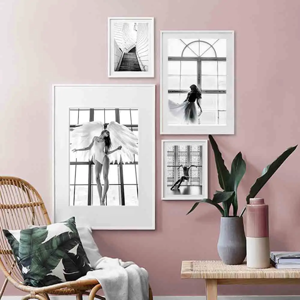 Улетающий черный и белый художественный холст картина окно постер с танцовщицей