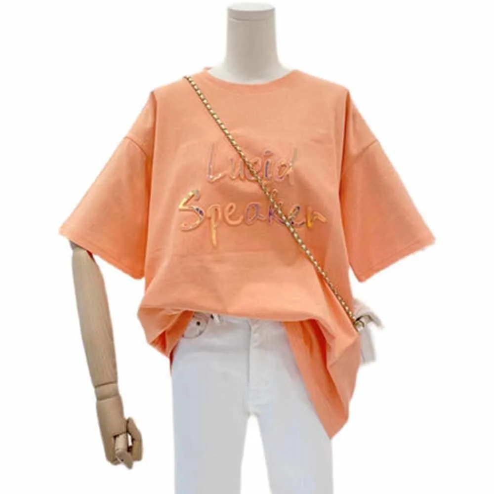 Популярная новинка женская футболка свободная Женская одежда с розовыми буквами