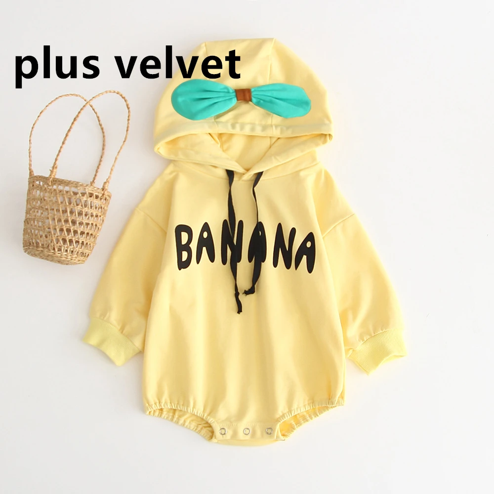 yellow plus velvet Осенний стильный Детский комбинезон с фруктами, милый персиковый комбинезон с капюшоном для альпинизма, одежда для близнецов - Цвет: yellow plus velvet
