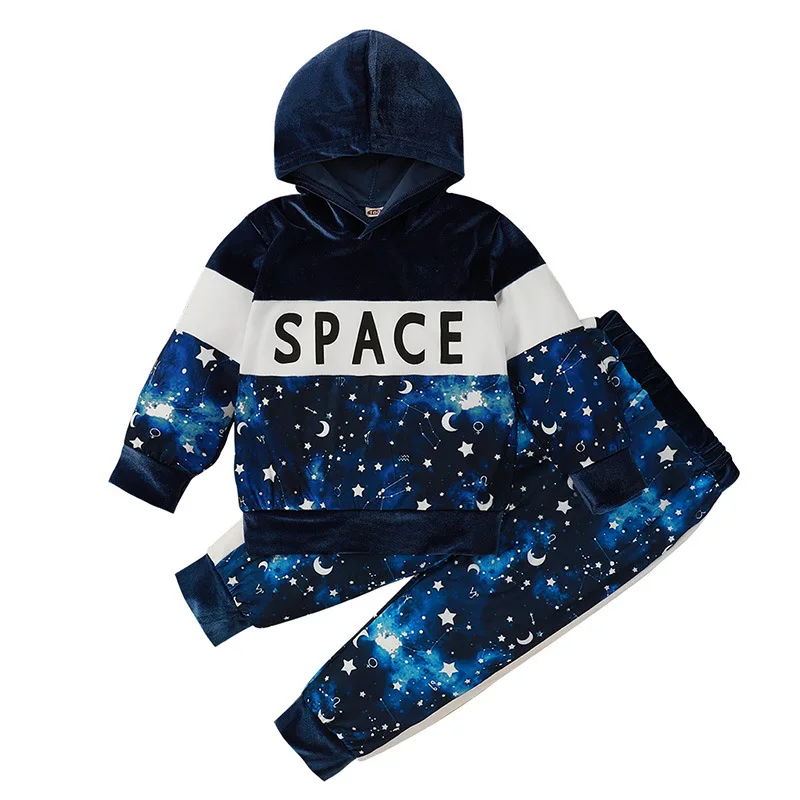 

Fahion Girls Boy Clothing Sets 2021 Spring Kids Royal Blue Starry Sky Print Sweatshirts Tops+Pants Tracksuits Children Outfits