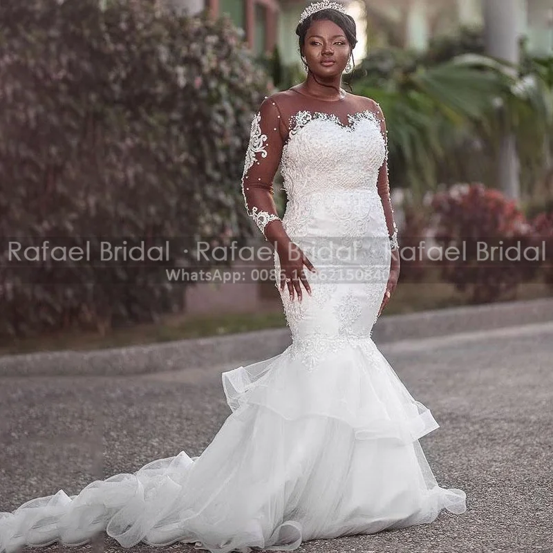 

Новое поступление свадебное платье с длинным рукавом с прозрачным воротником с оборками многоярусные с бусинами русалки Цветочная апплика...