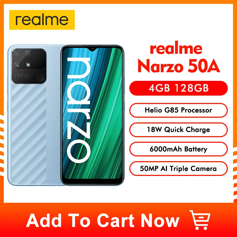 

Realme narzo 50A 6.5” 4GB 128GB Helio G85 Gaming Processor 50MP AI Triple 6000mAh 18W Quick Charge Mobile Phone Global Version