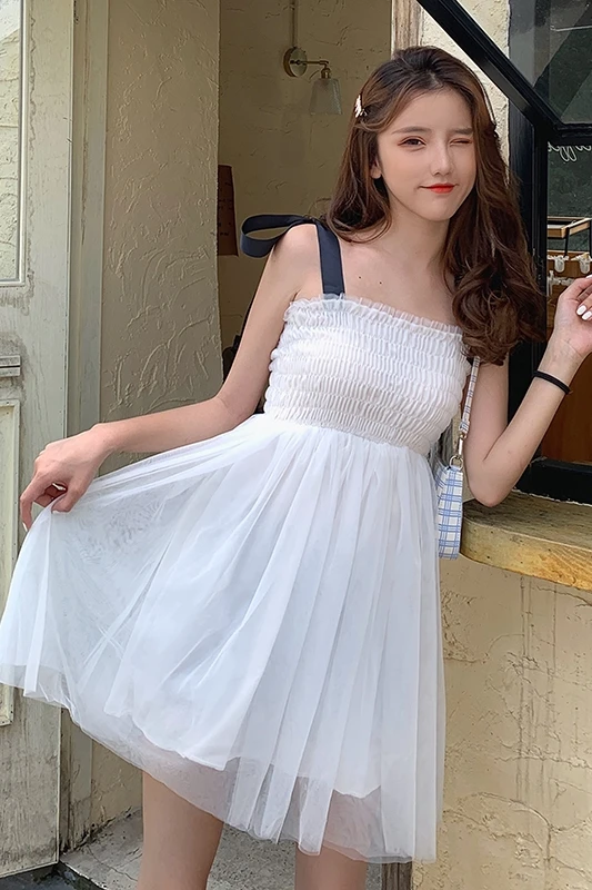 

Skirt Women's 2020 Summer Japanese-Style Sweet Pleated Slim-Fit Square Collar Bow Lace-up Mesh Dress lolita dress
