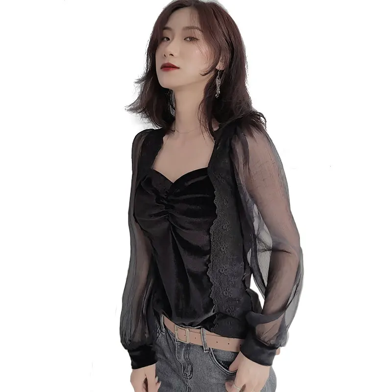 

T-shirt Women's French Style Retro Square Collar Chiffon Patchwork Puff Sleeve Large Size Low-Cut Velvet Top